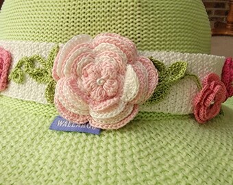Irish Crochet Roses on a meandering vine with leaves OOAK hatband