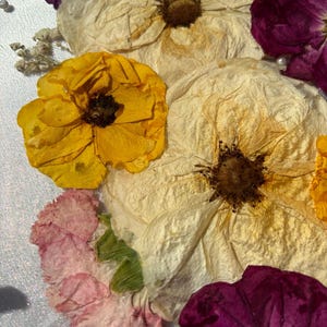 Puede incluir: Primer plano de flores secas en tonos amarillo, crema, rosa y morado. El arreglo presenta grandes flores texturizadas con centros oscuros y flores de acento m&aacute;s peque&ntilde;as. Los p&eacute;talos tienen una apariencia delicada y parecida al papel.
