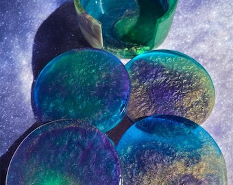 Juego de posavasos de resina con diseño de galaxia hechos a mano con soporte: Decoración cósmica para el hogar