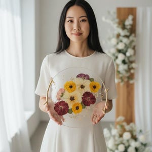 Puede incluir: Una pieza decorativa redonda y transparente con un arreglo floral de flores amarillas, burdeos y rosas. La pieza tiene asas doradas y se muestra sobre un fondo blanco.