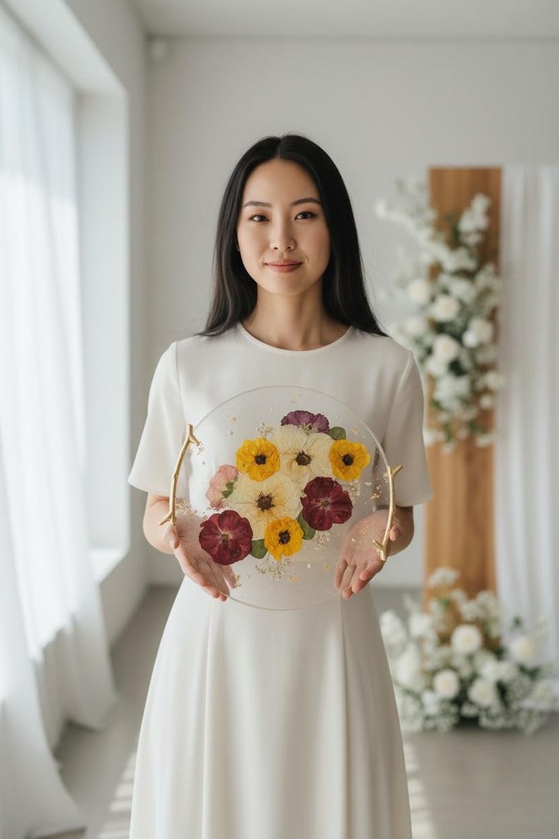 Puede incluir: Una pieza decorativa redonda y transparente con un arreglo floral de flores amarillas, burdeos y rosas. La pieza tiene asas doradas y se muestra sobre un fondo blanco.