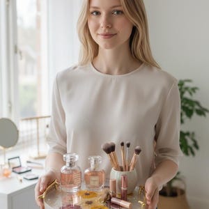 Puede incluir: Una mujer sostiene una bandeja decorativa con productos de belleza. La bandeja contiene dos frascos de perfume, brochas de maquillaje, barras de labios y flores secas. La bandeja tiene asas doradas y una superficie transparente. La mujer lleva un top color crema y vaqueros azules.