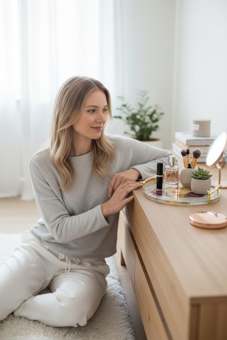 Puede incluir: Una c&oacute;moda de madera clara con una bandeja dorada que contiene frascos de perfume, brochas de maquillaje y una peque&ntilde;a suculenta. Un peque&ntilde;o espejo y un estuche compacto de oro rosa tambi&eacute;n est&aacute;n en la c&oacute;moda. Una mujer con un su&eacute;ter gris y pantalones blancos est&aacute; sentada cerca.