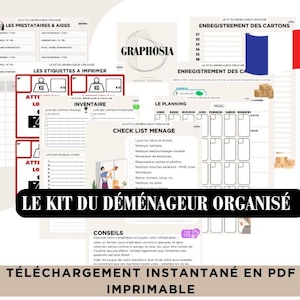 Peut inclure: Un kit de déménagement organisé imprimable en français. Le kit comprend des listes de contrôle pour des tâches telles que l'emballage, l'inventaire et le jour du déménagement. Le kit comprend également un calendrier de déménagement et une liste de déménageurs. Le kit est intitulé "Le Kit du Déménageur Organisé" et est disponible en téléchargement instantané.