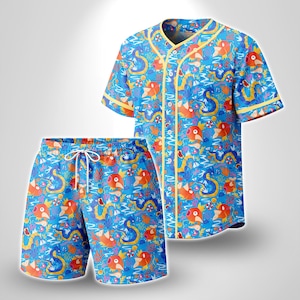 May include: A short-sleeve button-down baseball jersey and matching shorts set in a bright blue color. The fabric features an all-over pattern of orange fish, blue sea serpents, and small white life preservers with yellow trim accents.