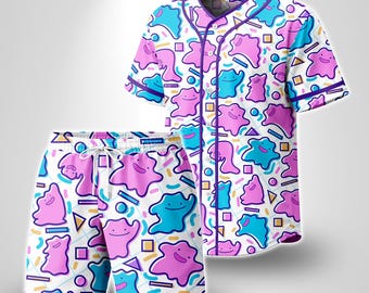 Ditto Baseball Jersey Shirt Lustiges Unisex Tropisches Button Up Shirt Anime Sommer Outfit Niedliche Pastell Muster Jersey Ditto Shirt Geschenke