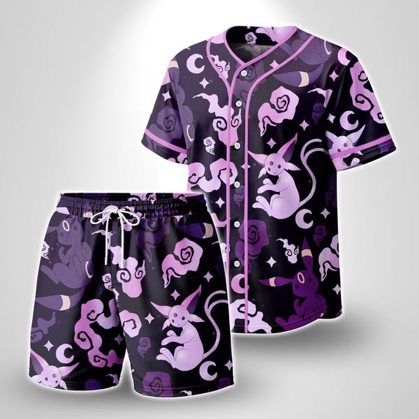 Umbreon Espeon Baseball Jersey Moonlight Tropical Button Up Shirt Anime Summer Unisex Outfit Mystic Purple Pattern Jersey Umbreon Shirt Gift