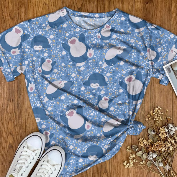 Snorlax Graphic T-shirt Cute Sleepy Pattern Anime Unisex Tee Blue Kawaii Streetwear Casual Snorlax Shirt Gifts