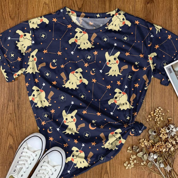 Mimikyu Graphic T-shirt Cute Night Sky Pattern Anime Streetwear Unisex Tee Kawaii Summer Shirt Mimikyu Shirt Gifts