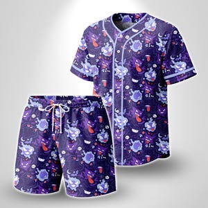 Gengar Baseball Jersey Cute Ghost Tropical Button Up Shirt Funny Summer Beach Short Outfit Unisex Sports Jersey Gengar Shirt Gifts