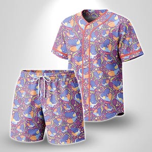 May include: A short-sleeved button-down baseball jersey and matching shorts set featuring an all-over pattern of blue and orange creatures, green seaweed, and yellow stars on a purple background with orange trim on the jersey edges.