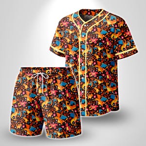May include: A short-sleeve button-down baseball jersey and matching shorts set featuring an all-over print of orange, red, and blue dragon-like creatures on a black background. The jersey has yellow trim along the collar and front placket.