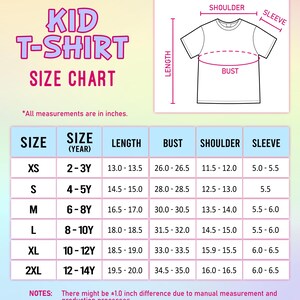 May include: A kid t-shirt size chart with a pastel gradient background. The chart includes columns for size, age, length, bust, shoulder, and sleeve measurements in inches. A line drawing of a t-shirt illustrates where these measurements are taken.