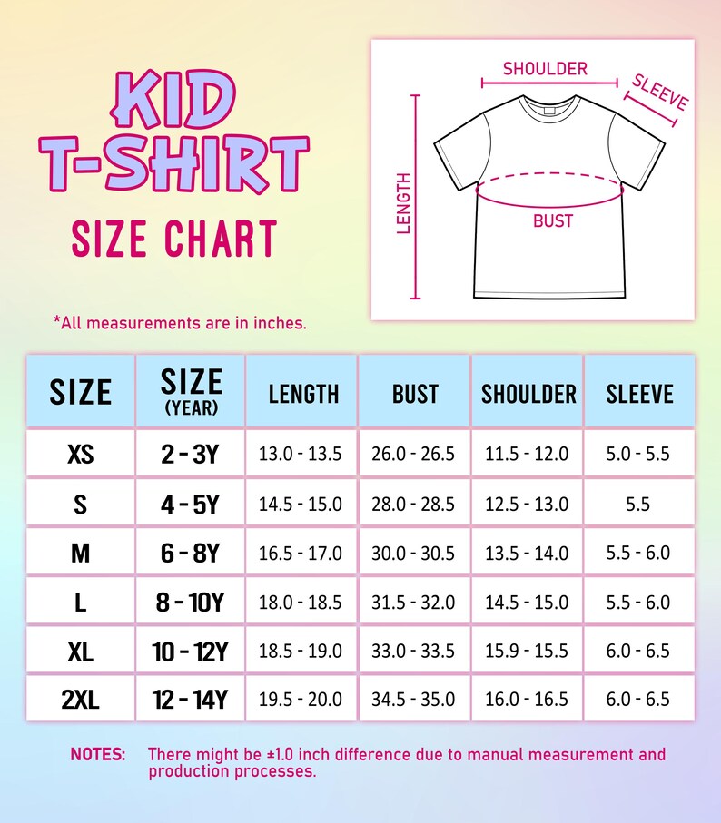 May include: A kid t-shirt size chart with a pastel gradient background. The chart includes columns for size, age, length, bust, shoulder, and sleeve measurements in inches. A line drawing of a t-shirt illustrates where these measurements are taken.