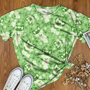 Sprigatito Graphic T-shirt Cute Cat Pattern Kawaii Cartoon Unisex Tee Fantasy Streetwear Funny Summer Tshirt Sprigatito Shirt Gifts