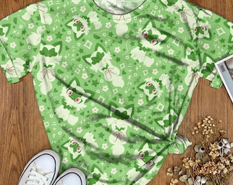 Sprigatito Graphic T-shirt Cute Cat Pattern Kawaii Cartoon Unisex Tee Fantasy Streetwear Funny Summer Tshirt Sprigatito Shirt Gifts
