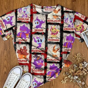 Gengar Mimikyu Graphic T-shirt Spooky Patchwork Pattern Unisex Tee Halloween Ghost Streetwear Gengar Shirt Gifts