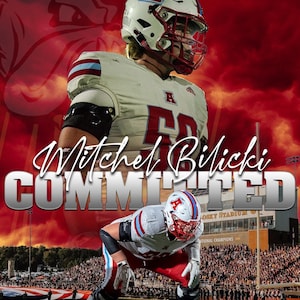 May include: A promotional image for Mitchel Bilicki, a football player, with the text "COMMITTED". The image features Bilicki in a University of Minnesota Duluth football uniform, with a red and white helmet. The background is a stadium.