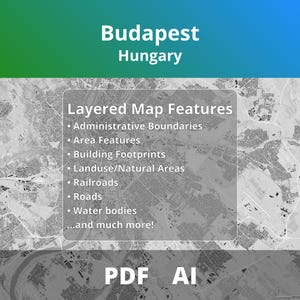 May include: A grayscale map of Budapest, Hungary, showing layered features such as administrative boundaries and roads. The text at the top says "Budapest Hungary." Additional text lists map features and "PDF AI" at the bottom.