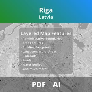 Puede incluir: Un mapa en escala de grises de Riga, Letonia, con un fondo degradado verde y azul. El mapa detalla las capas de características como límites administrativos, áreas, huellas de edificios y más. El texto en la parte inferior dice "PDF AI".