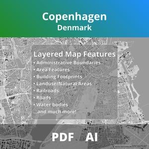 May include: A grayscale map of Copenhagen, Denmark, showing the city's layout and features. The map includes administrative boundaries, building footprints, railroads, roads, and water bodies. Text at the top reads "Copenhagen Denmark". The map also includes the text "Layered Map Features" and "PDF AI".