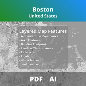 Pode incluir: Um mapa em tons de cinza de Boston, Estados Unidos, com camadas de recursos de mapa, incluindo limites administrativos e pegadas de edifícios. O texto "Boston United States" está no topo, com "Layered Map Features" e "PDF AI" também visíveis.