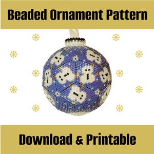 May include: A beaded ornament pattern featuring a blue and white Christmas ornament with a snowflake design. The pattern is downloadable and printable.