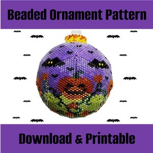 Peut inclure: Un motif de décoration perlée sur le thème d'Halloween. L'ornement est violet avec des chauves-souris noires et un motif de citrouille orange. Le texte "Beaded Ornament Pattern" et "Download & Printable" sont affichés.