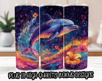 Tropical Dolphin Tumbler Wrap | 20oz Ocean Beach Sublimation Design | Summer Waves Digital Download