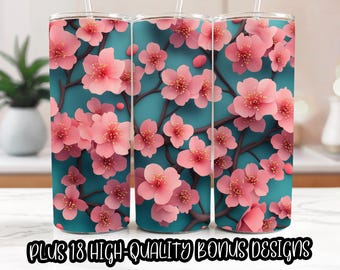 Cherry Blossoms Floral Green Tumbler Wrap | 20oz Sublimation Design | 3d Flower Digital Download