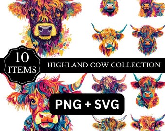 Vibrant Highland Cow Clip Art: Doodle-Style PNG & SVG (Digital Download)
