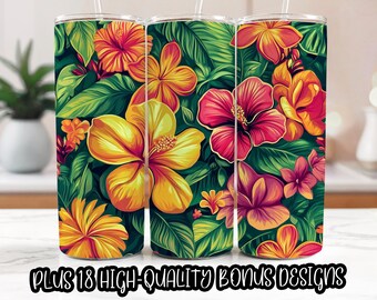 90s Tropical Hibiscus Tumbler Wrap | 20oz Seamless Sublimation Design PNG | Retro Summer Floral Digital Download