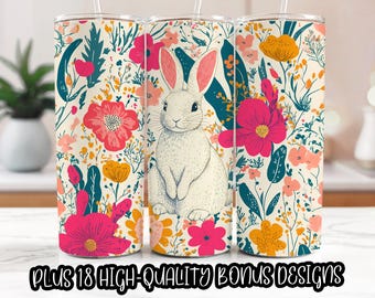 Easter Bunny Tumbler Wrap: Floral 20oz Sublimation Design (Digital Download)
