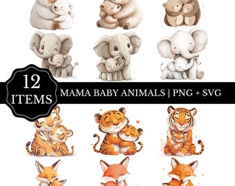 Mother & Baby Animal Clip Art: Bear, Elephant, Fox, Tiger (PNG + SVG)