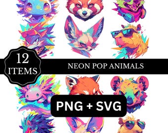 Neon Pop Art Animal Clip Art: Graffiti-Style Illustrations (PNG, SVG)