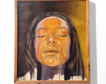 May include: A painting of a woman with her eyes closed, her face covered in a golden substance that appears to be dripping down her face. The background is a dark brown and yellow.