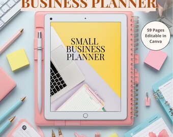 Planificador imprimible para pequeñas empresas, organizador de emprendedores y startups de 59 páginas, plantilla de Canva en PDF.
