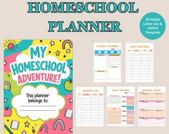 May include: Homeschool planner with a colourful cover saying "My Homeschool Adventure!" and pages for daily planning, exam timetables, reading logs, daily routines, and student goals. The planner is letter size and a Canva template.