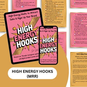 May include: A digital marketing guide titled "High Energy Hooks" is displayed on a tablet and smartphone. The pink cover features the title in bold white letters with gold accents. Additional marketing materials are visible.
