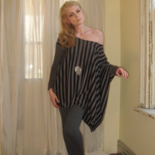 Asymmetric Boxy Top Off Shoulder Sweater OverSize Striped Tee Long Sleeved Tunic - XSmall - XLarge - Made to Order