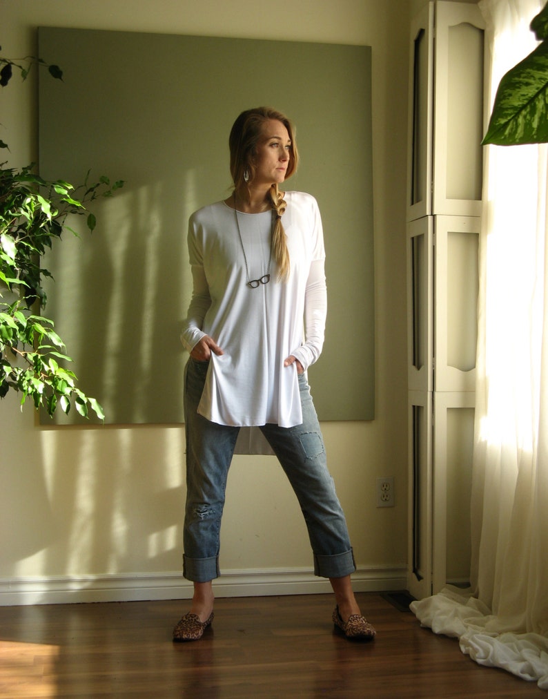 Oversize Boxy Top Asymmetric Hem Tunic Long Sleeve T Shirt Drop Shoulder Tunic Side Slit Round Neck Hygge Jersey More Colours XS XL image 1