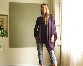 Boho Clothing OverSized Sweater Poncho Asymmetric Cape Shawl Boxy Round Neck Top Long Sleeved Tunic Lightweight Knit XS - XL or Maternity