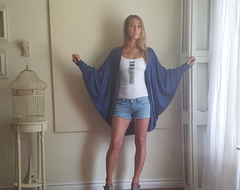 Boho Clothing Oversized Cardigan Batwing Wrap Long Sleeve Sweater Regular Length Version Rayon/Spandex Jersey - Denim Blue - One Size