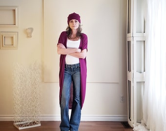 Boho Gift Set - Maxi Sweater Vest / Slouchy Beanie Hat / Short Sleeve Duster / Hipster Toque Lounge Wear Sweater Knit - One Size