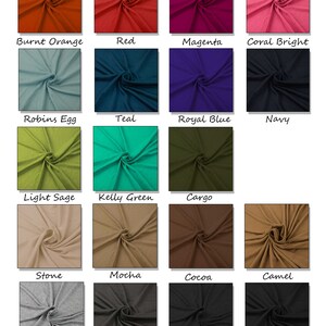 May include: A color chart of fabric swatches in various colors, including burnt orange, red, magenta, coral bright, robins egg, teal, royal blue, navy, light sage, kelly green, cargo, stone, mocha, cocoa, camel, heather gray, charcoal, charcoal 2 tone, and basic black.