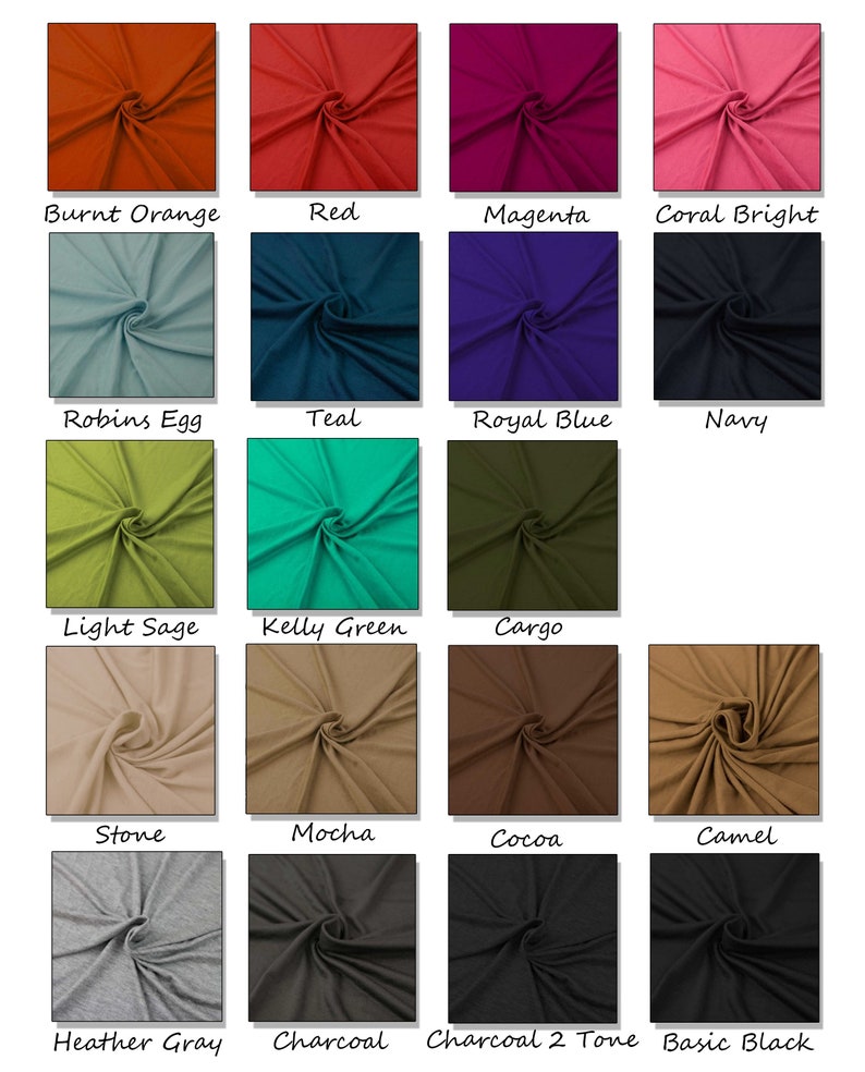 May include: A color chart of fabric swatches in various colors, including burnt orange, red, magenta, coral bright, robins egg, teal, royal blue, navy, light sage, kelly green, cargo, stone, mocha, cocoa, camel, heather gray, charcoal, charcoal 2 tone, and basic black.