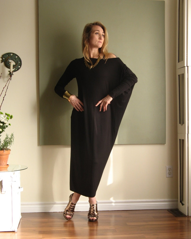 Asymmetric Boho Dress Off Shoulder Long Loose Relaxed Fit Kaftan Maxi Dress Long Sleeve Maternity Plus Size XS XL Rayon/Spandex Jersey image 2