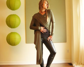 Long Sleeve Boho Cardigan Draped Front Jacket Yoga Top Wrap Shirt Rayon/Spandex Jersey (More Colours) XS/S or M or L/XL