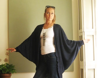 Boho Chic Oversized Cardigan Soft Loose Sweater for Women Kimono Long Dolman  Sleeves Cuff Open Front Wrap - One Size Black Navy Stripe