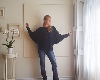 Minimalist Oversized Sweater Asymmetric Hem Long Dolman Sleeve Pullover Round Crew Neck Jumper Side Vent Slit Black Navy Stripe XS - XL